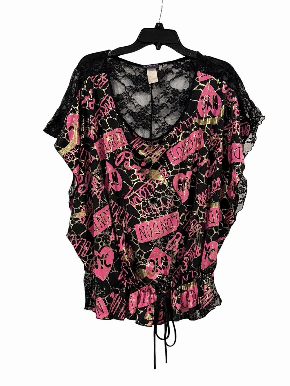 Caren Sport Black Pink Gold Bubble Hem Top Women’s 2X City Graphics Lace Y2K